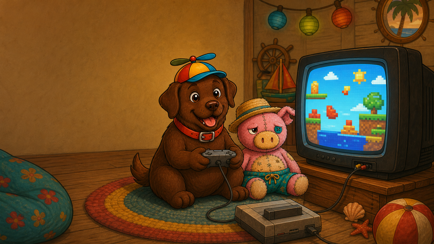 Toffi och Grisen spelar TV-spel